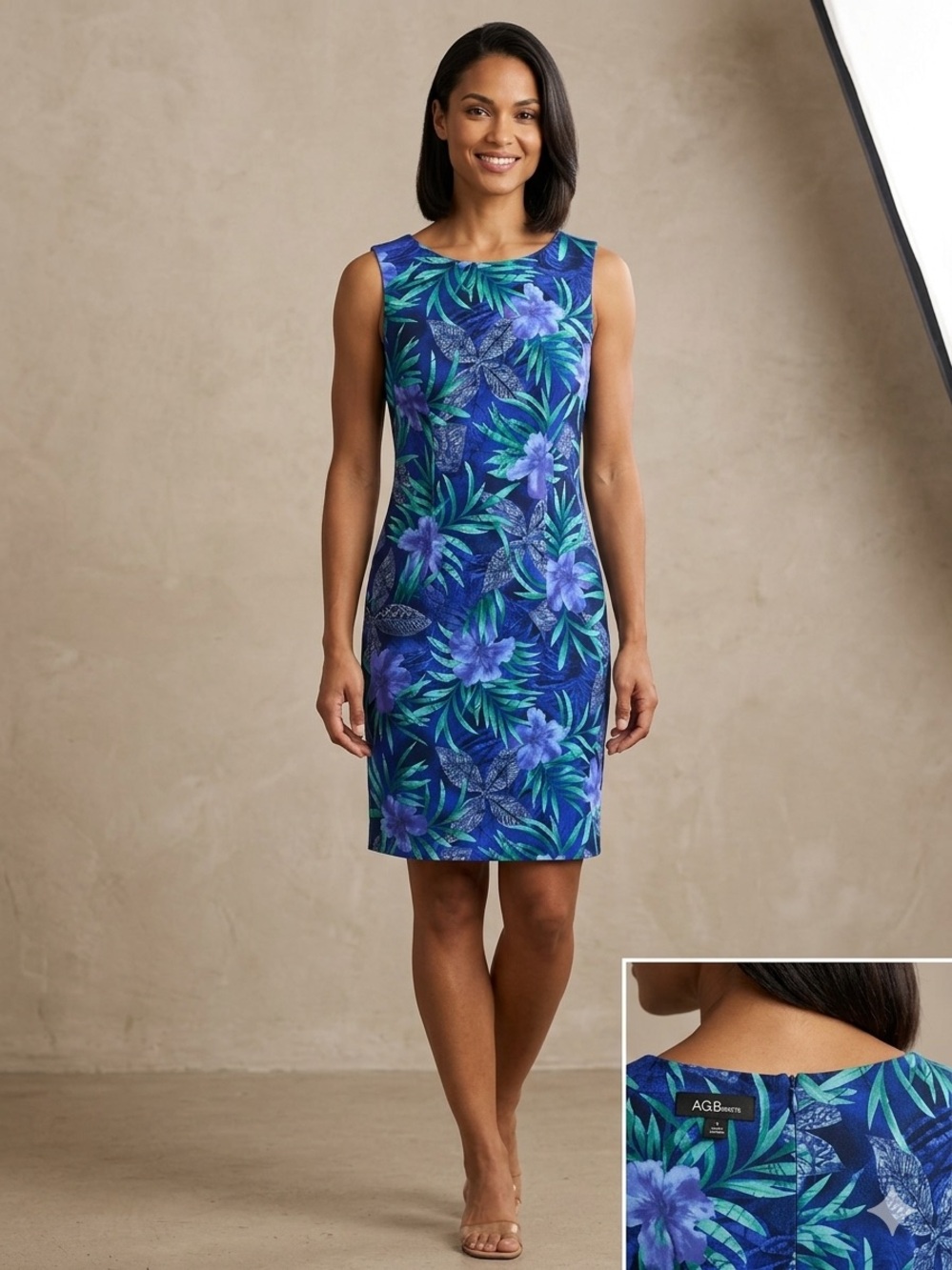 AGB‎ Tropical Sheath Dress in Navy, Teal & Purple
